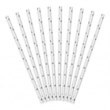 Paille blanche étoiles argentées - Lot de 10