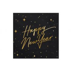 Serviette Happy New Year Noire et Dorée - Lot de 20
