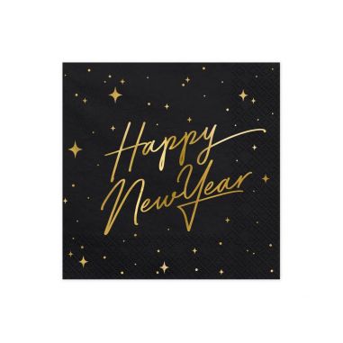 Serviette Happy New Year Noire et Dorée - Lot de 20