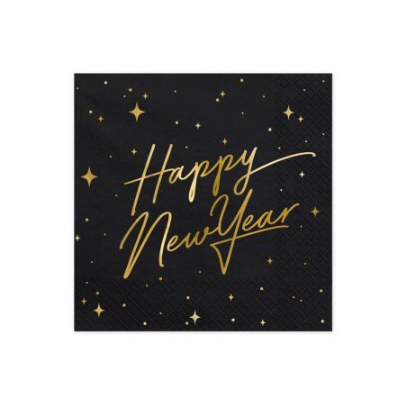 Serviette Happy New Year Noire et Dorée - Lot de 20
