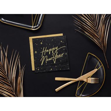 Serviette Happy New Year Noire et Dorée - Lot de 20