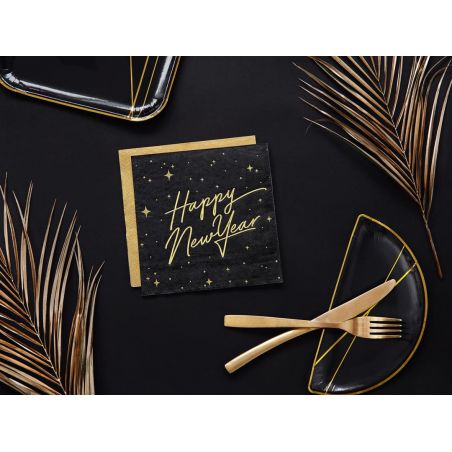 Serviette Happy New Year Noire et Dorée - Lot de 20