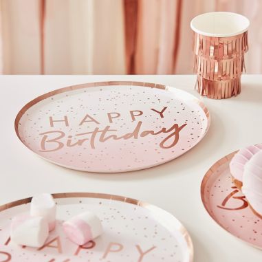 Assiette Ombrée Rose Gold Happy Birthday - Lot de 8