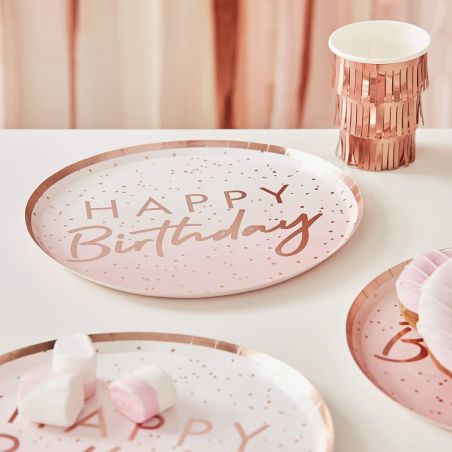 Assiette Ombrée Rose Gold Happy Birthday - Lot de 8