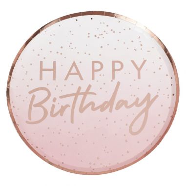 Assiette Ombrée Rose Gold Happy Birthday - Lot de 8