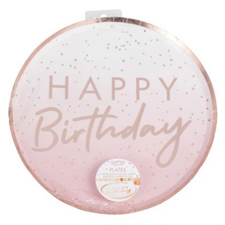 Assiette Ombrée Rose Gold Happy Birthday - Lot de 8