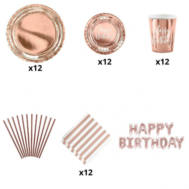 Pack Déco Anniversaire Rose Gold 12 Personnes