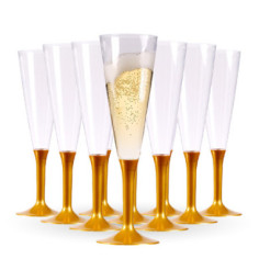 10 flûtes à champagne or pied doré, réutilisable - 15 cl