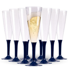 10 flûtes à champagne pied Bleu Marine, réutilisable - 15 cl