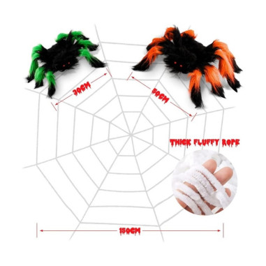 Kit 2 araignées velues avec toile fluff 150 cm décoration halloween Kit 2 araignées velues avec toile fluff 150 cm décoration halloween